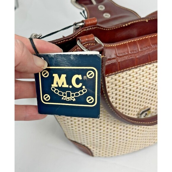 NWT MC Marc Chantal Shoulder Bag Brown Leather Trim Woven Straw Nickel Hardware - Picture 15 of 16